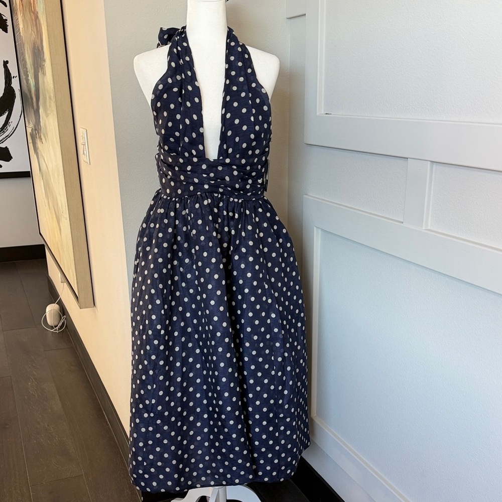 Zimmermann! Elegant Navy/white Linen Polka Dot Halter Linen Dress. NWT!